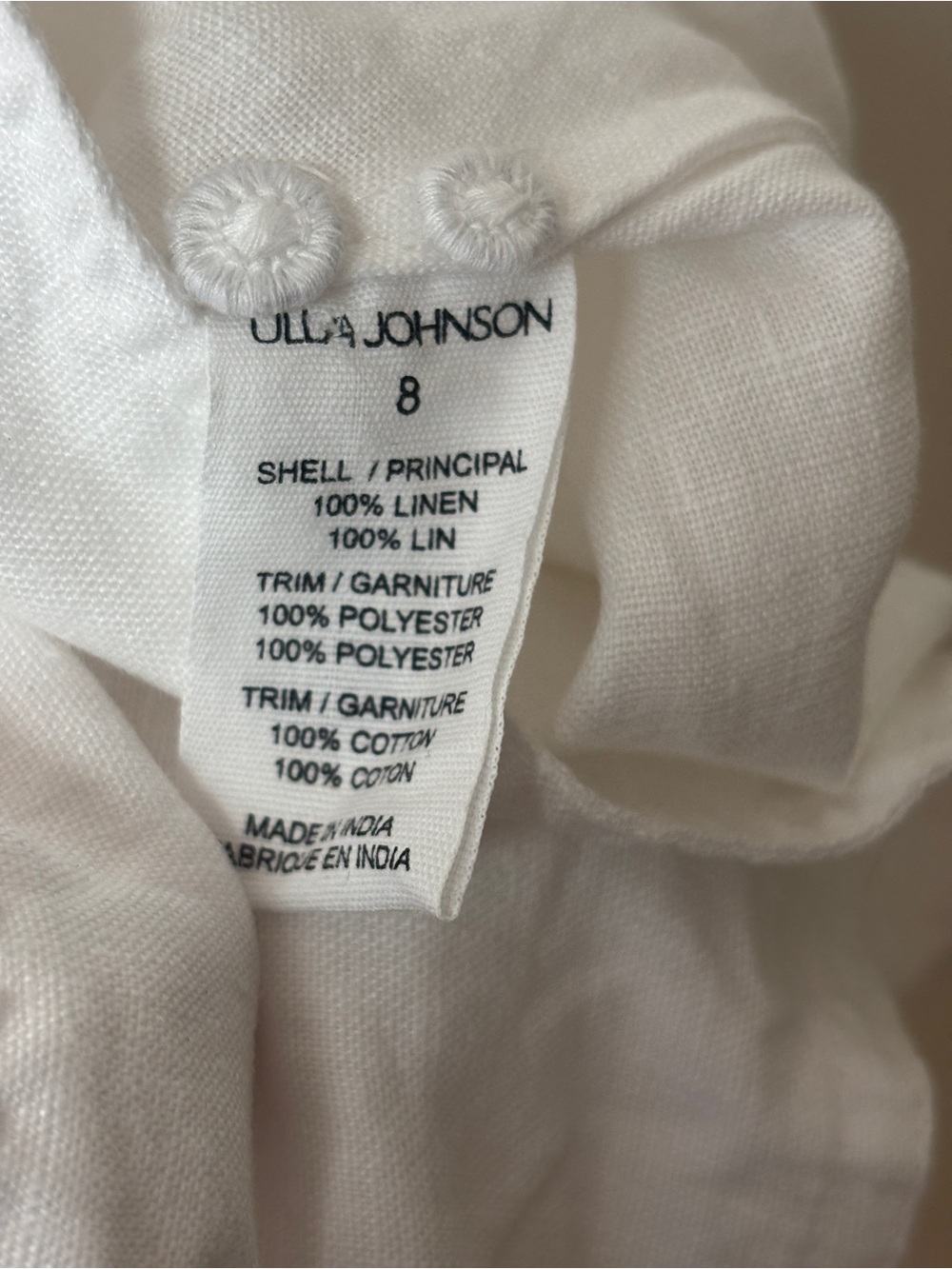 ULLA JOHNSON Fiona Midi Dress Bone White 100% Linen Size 8 Crochet Collar Tie - Picture 12 of 16